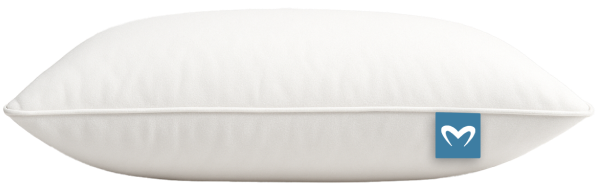 White MelaSleep pillow seen from the side with its blue label
