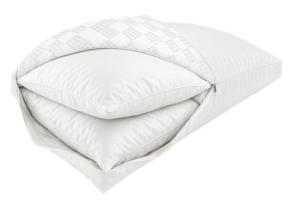 MelaSleep pillow filled with both inserts, quilted cover unzipped